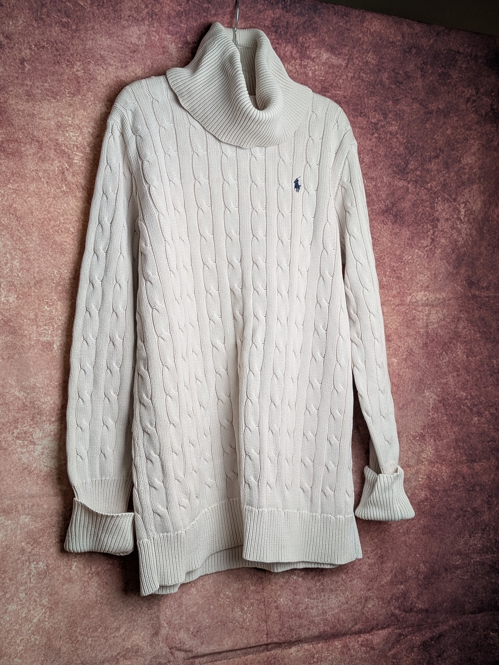 Ralph Lauren Sport Cable Knit Turtleneck Sweater 100% Cotton Cream Ivory